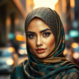 A beautiful woman wearing a stylish and elegant hijab that enhances her features, set against a vibrant urban backdrop
