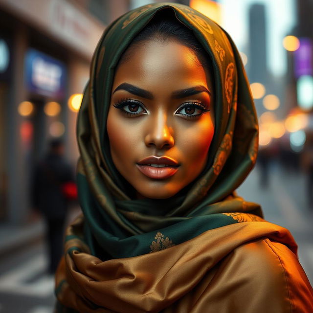 A beautiful woman wearing a stylish and elegant hijab that enhances her features, set against a vibrant urban backdrop