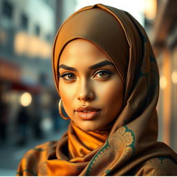 A beautiful woman wearing a stylish and elegant hijab that enhances her features, set against a vibrant urban backdrop