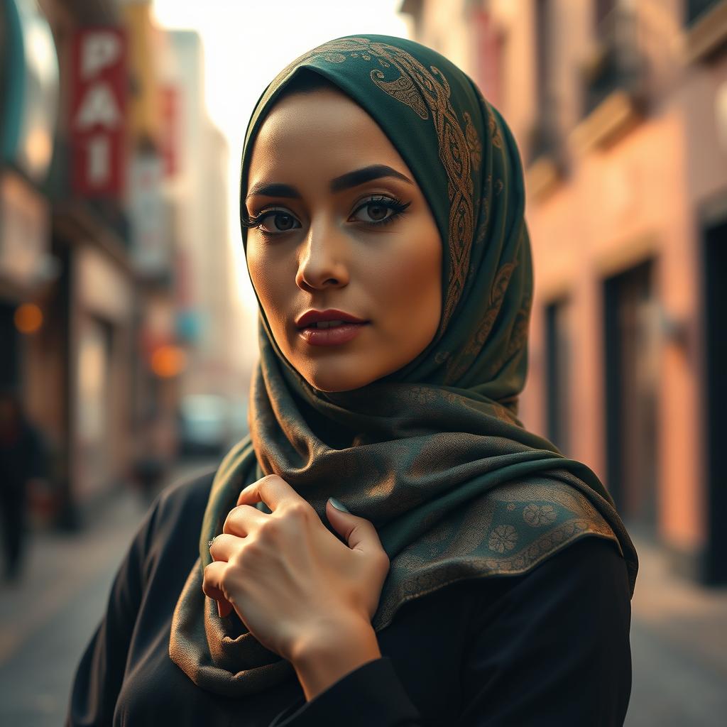 A beautiful woman wearing a stylish and elegant hijab that enhances her features, set against a vibrant urban backdrop