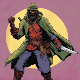 A comic-style digital art illustration depicts a homeless vagrant fighter from a fantasy DnD setting