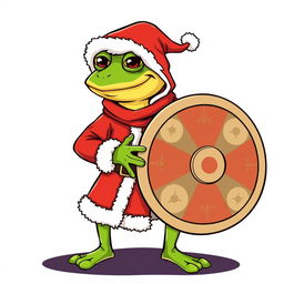 A whimsical and playful character design featuring Pepe the Frog dressed as Santa Claus