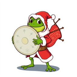 A whimsical and playful character design featuring Pepe the Frog dressed as Santa Claus