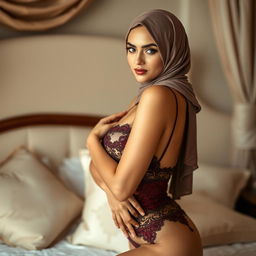 A glamorous and elegant model wearing stylish hijab lingerie, showcased in a beautifully decorated boudoir