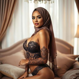 A glamorous and elegant model wearing stylish hijab lingerie, showcased in a beautifully decorated boudoir