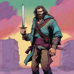 A comic-style digital art illustration depicts a homeless vagrant fighter from a fantasy DnD setting