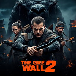 An epic promotional poster for 'The Great Wall 2', featuring Matt Damon prominently in the center, showcasing his battle-worn appearance and intense expression, armed with a bow and arrow, ready for combat