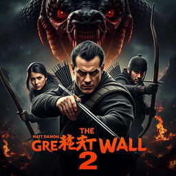 An epic promotional poster for 'The Great Wall 2', featuring Matt Damon prominently in the center, showcasing his battle-worn appearance and intense expression, armed with a bow and arrow, ready for combat