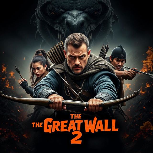 An epic promotional poster for 'The Great Wall 2', featuring Matt Damon prominently in the center, showcasing his battle-worn appearance and intense expression, armed with a bow and arrow, ready for combat