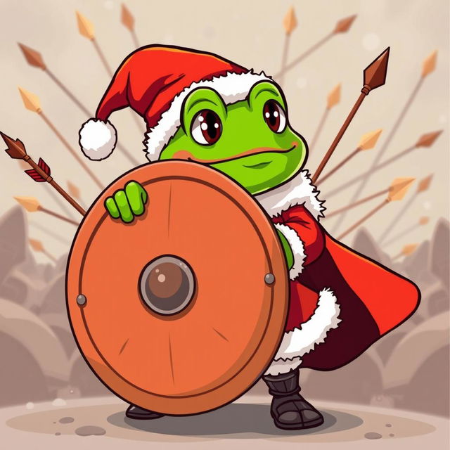 A cartoon character inspired by Pepe the Frog, dressed in a festive Santa Claus outfit, complete with a red coat, white fur trim, a red hat, and black boots