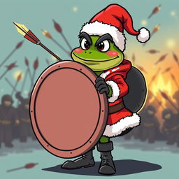 A cartoon character inspired by Pepe the Frog, dressed in a festive Santa Claus outfit, complete with a red coat, white fur trim, a red hat, and black boots