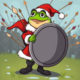 A cartoon character inspired by Pepe the Frog, dressed in a festive Santa Claus outfit, complete with a red coat, white fur trim, a red hat, and black boots