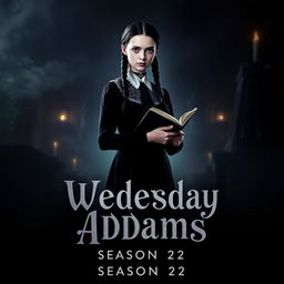 An intriguing teaser poster for 'Wednesday Addams Season 2 (2025)', featuring the iconic character Wednesday Addams in a moody, atmospheric setting