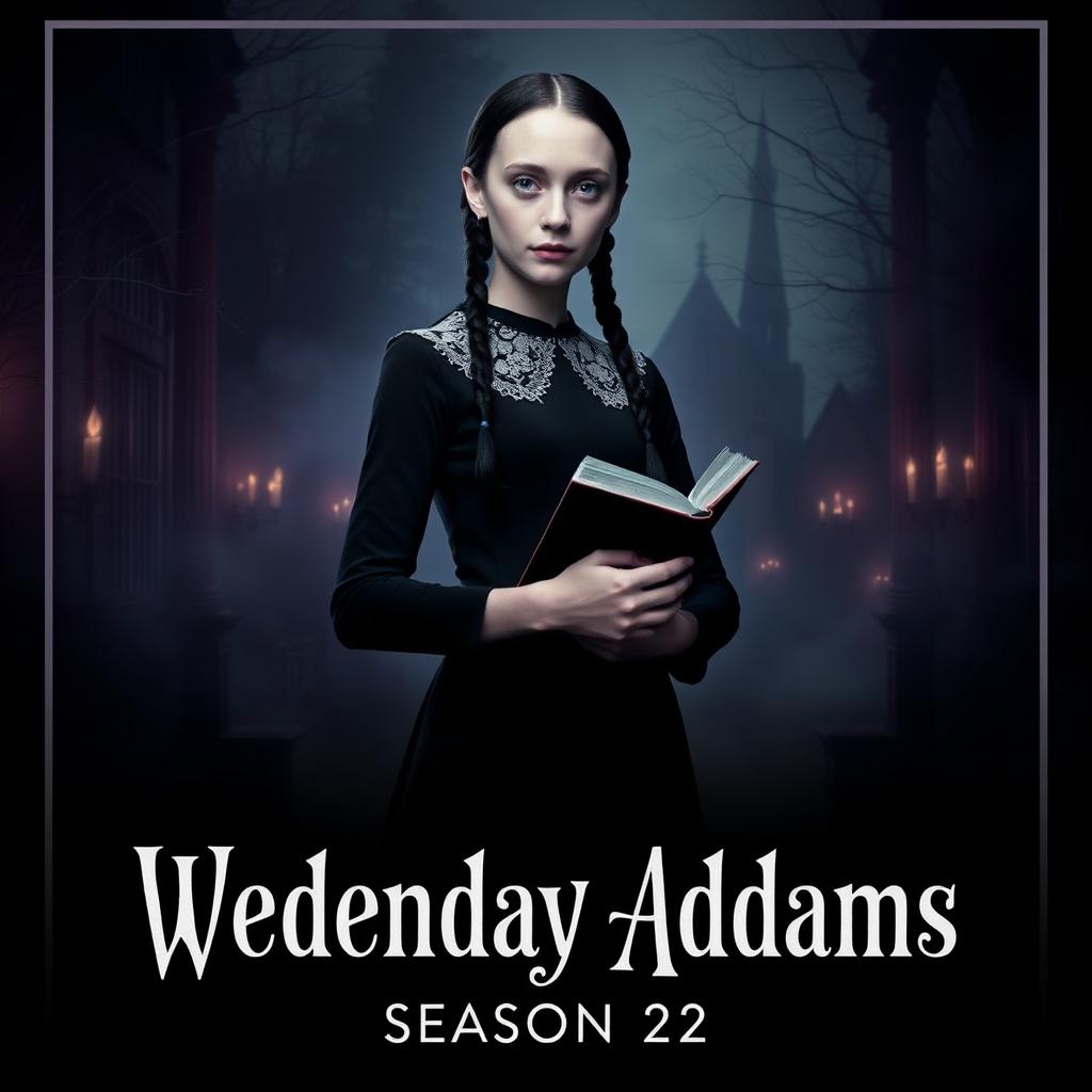 An intriguing teaser poster for 'Wednesday Addams Season 2 (2025)', featuring the iconic character Wednesday Addams in a moody, atmospheric setting