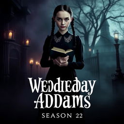 An intriguing teaser poster for 'Wednesday Addams Season 2 (2025)', featuring the iconic character Wednesday Addams in a moody, atmospheric setting