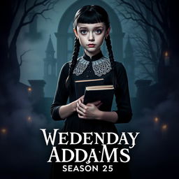 An intriguing teaser poster for 'Wednesday Addams Season 2 (2025)', featuring the iconic character Wednesday Addams in a moody, atmospheric setting