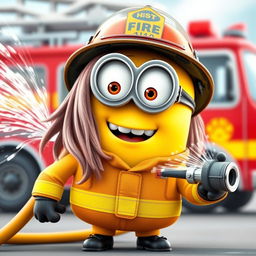 A playful and adorable Minion with long hair, dressed in a vibrant firefighter uniform complete with a helmet
