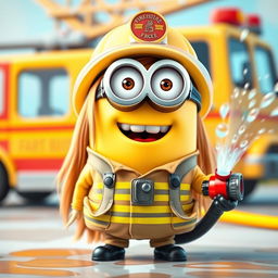 A playful and adorable Minion with long hair, dressed in a vibrant firefighter uniform complete with a helmet