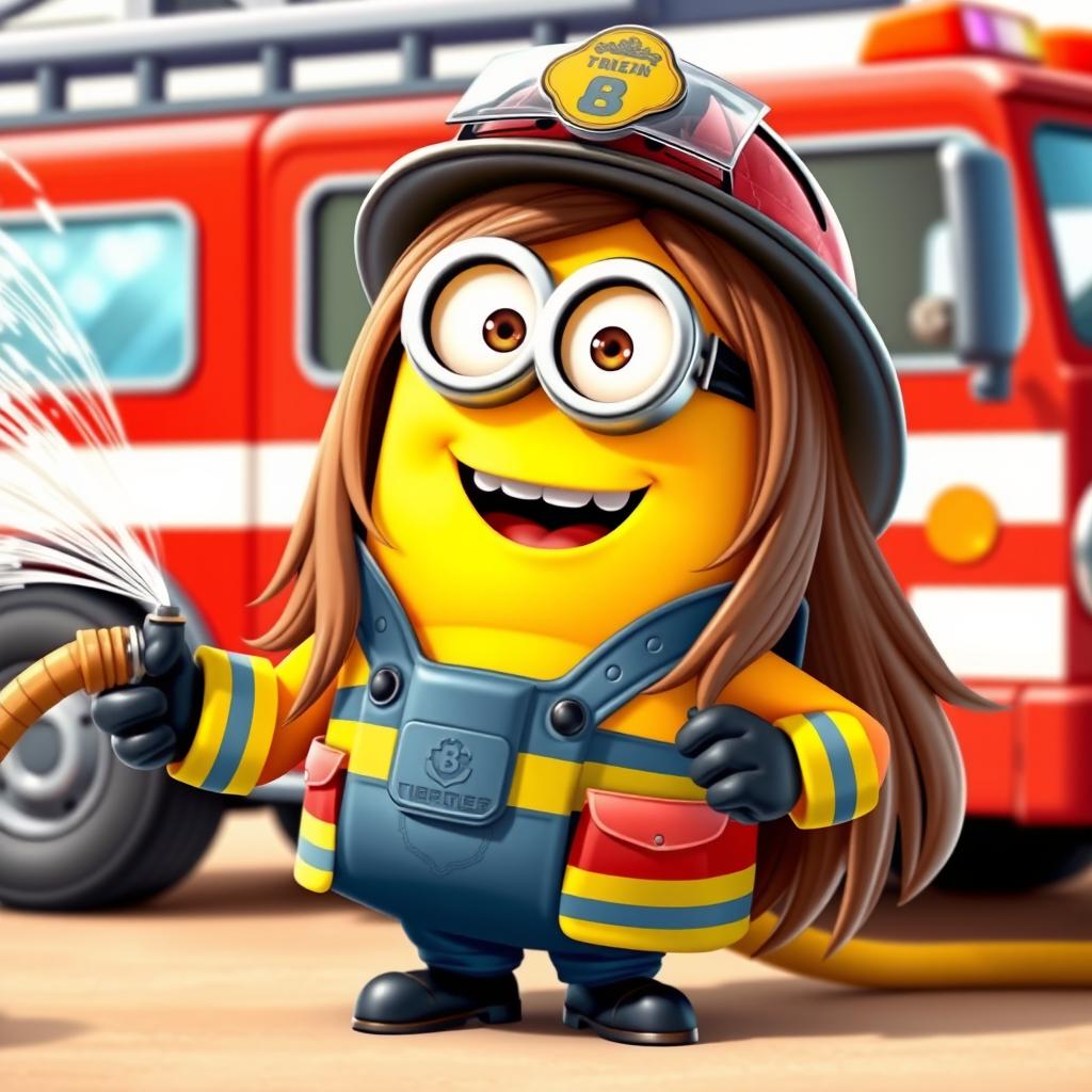 A playful and adorable Minion with long hair, dressed in a vibrant firefighter uniform complete with a helmet
