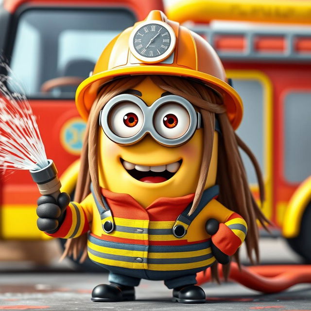 A playful and adorable Minion with long hair, dressed in a vibrant firefighter uniform complete with a helmet