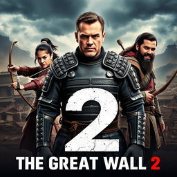 An epic movie poster for 'The Great Wall 2', featuring Matt Damon as the central figure, looking heroic and battle-ready in period-appropriate armor, his expression serious and determined