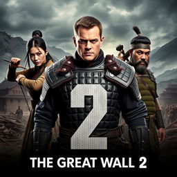 An epic movie poster for 'The Great Wall 2', featuring Matt Damon as the central figure, looking heroic and battle-ready in period-appropriate armor, his expression serious and determined