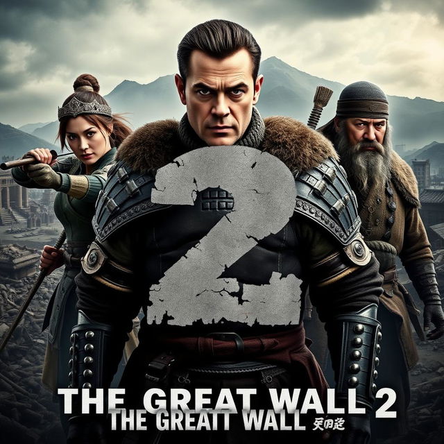 An epic movie poster for 'The Great Wall 2', featuring Matt Damon as the central figure, looking heroic and battle-ready in period-appropriate armor, his expression serious and determined