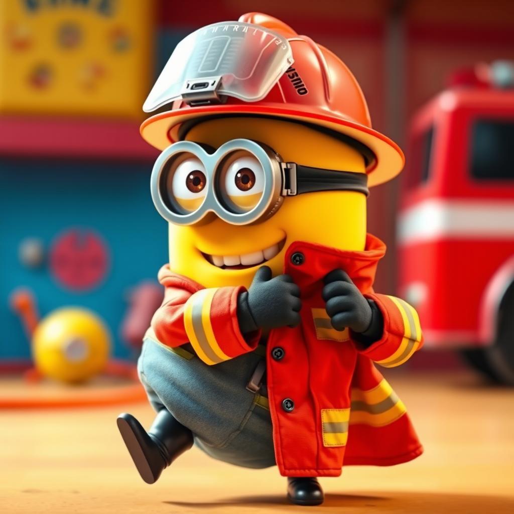 A whimsical Minion character playfully changing into a bright firefighter uniform