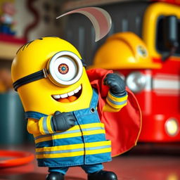 A whimsical Minion character playfully changing into a bright firefighter uniform