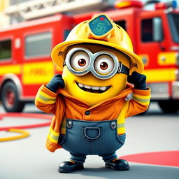 A whimsical Minion character playfully changing into a bright firefighter uniform