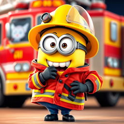 A whimsical Minion character playfully changing into a bright firefighter uniform