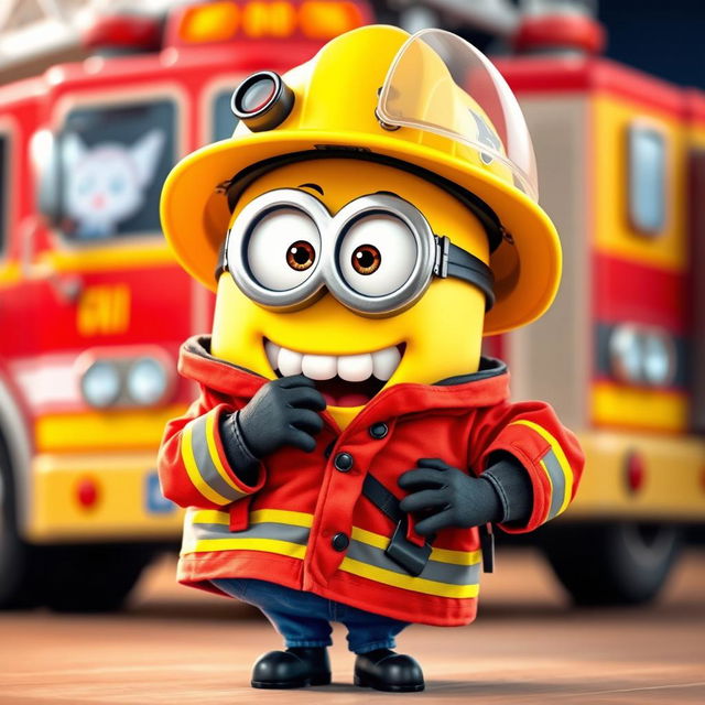 A whimsical Minion character playfully changing into a bright firefighter uniform