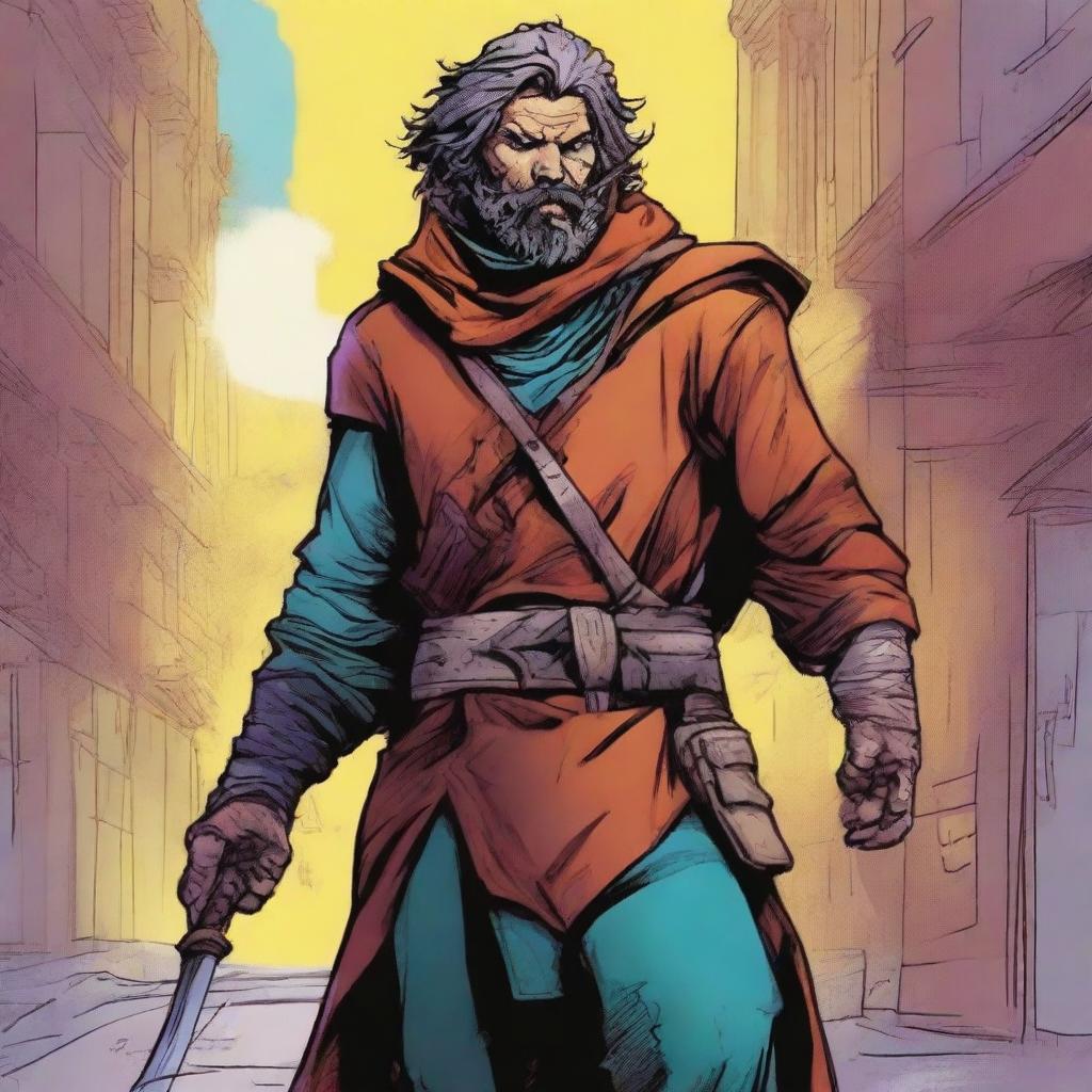 A comic-style digital art illustration presents a homeless vagrant fighter from a fantasy DnD setting