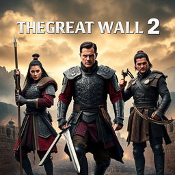 A striking movie poster for 'The Great Wall 2 (2025)', prominently featuring Matt Damon at the center, looking heroic in intricately detailed armor, wielding a sword, exuding a sense of leadership and determination