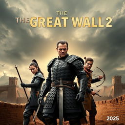 A striking movie poster for 'The Great Wall 2 (2025)', prominently featuring Matt Damon at the center, looking heroic in intricately detailed armor, wielding a sword, exuding a sense of leadership and determination