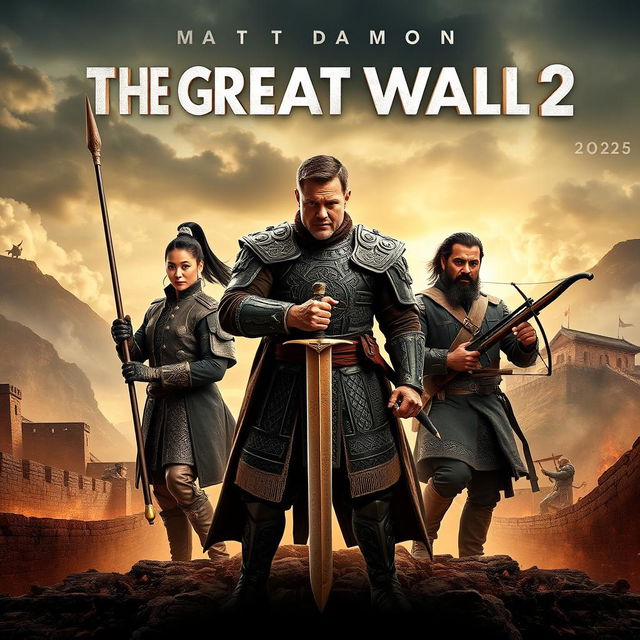 A striking movie poster for 'The Great Wall 2 (2025)', prominently featuring Matt Damon at the center, looking heroic in intricately detailed armor, wielding a sword, exuding a sense of leadership and determination