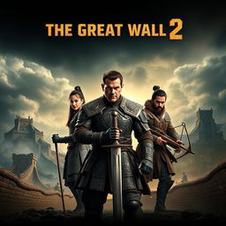 A striking movie poster for 'The Great Wall 2 (2025)', prominently featuring Matt Damon at the center, looking heroic in intricately detailed armor, wielding a sword, exuding a sense of leadership and determination