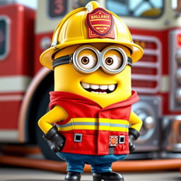 A cheerful Minion character dressed in an American firefighter uniform, complete with a classic yellow helmet and a red firefighting jacket featuring reflective stripes