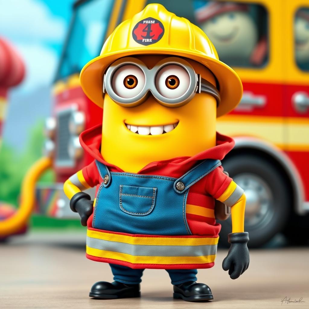 A cheerful Minion character dressed in an American firefighter uniform, complete with a classic yellow helmet and a red firefighting jacket featuring reflective stripes