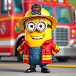 A cheerful Minion character dressed in an American firefighter uniform, complete with a classic yellow helmet and a red firefighting jacket featuring reflective stripes