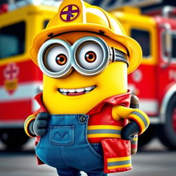 A cheerful Minion character dressed in an American firefighter uniform, complete with a classic yellow helmet and a red firefighting jacket featuring reflective stripes