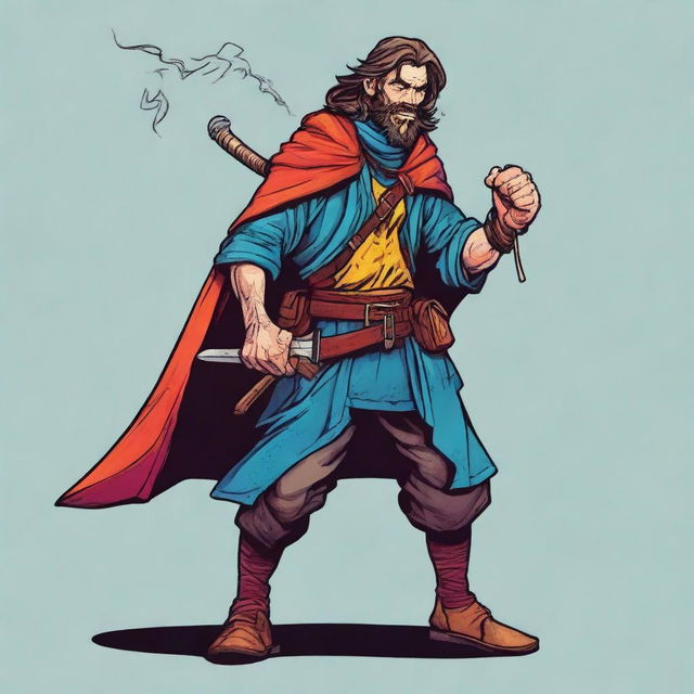 A comic-style digital art illustration presents a goofy homeless vagrant fighter from a fantasy DnD setting