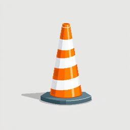 A 59x57 pixel art representation of a distinctive orange road cone with bold white reflective stripes, standing upright on a simple, flat surface