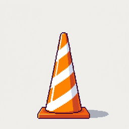 A 59x57 pixel art representation of a distinctive orange road cone with bold white reflective stripes, standing upright on a simple, flat surface