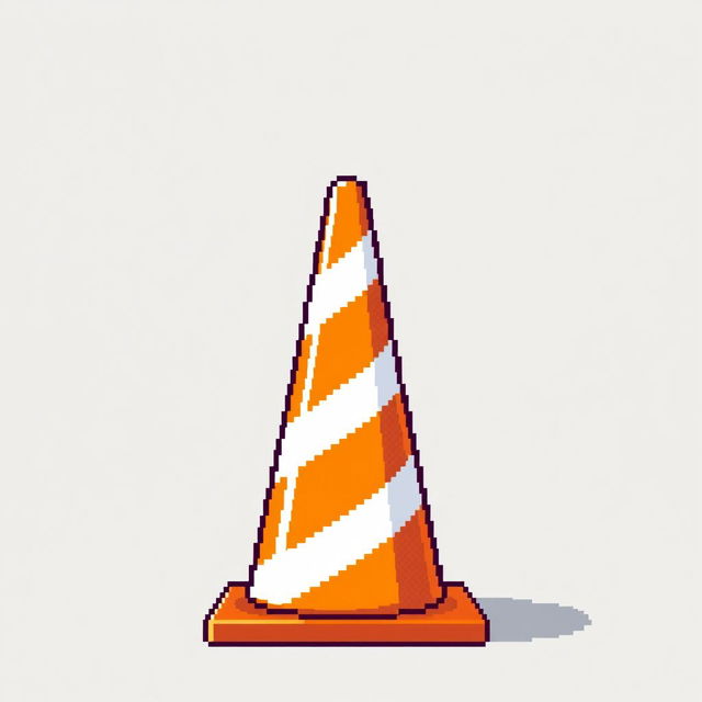 A 59x57 pixel art representation of a distinctive orange road cone with bold white reflective stripes, standing upright on a simple, flat surface