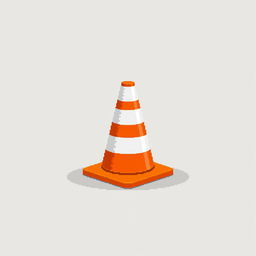A 59x57 pixel art representation of a distinctive orange road cone with bold white reflective stripes, standing upright on a simple, flat surface