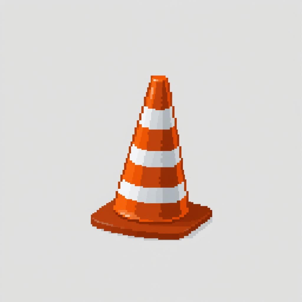 A 59x57 pixel art representation of a distinctive orange road cone with bold white reflective stripes, standing upright on a simple, flat surface