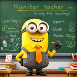 A cheerful Minion dressed as a teacher, standing in front of a blackboard writing a lesson