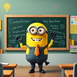 A cheerful Minion dressed as a teacher, standing in front of a blackboard writing a lesson