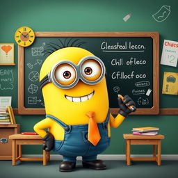 A cheerful Minion dressed as a teacher, standing in front of a blackboard writing a lesson